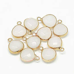 Honeyhandy Natural White Jade Pendants, with Nickel Free Brass Findings, Faceted, Dyed, teardrop, Golden, Creamy White, 17.5x13.5x6.5mm, Hole: 2mm