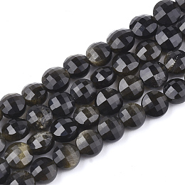 Honeyhandy Natural Golden Sheen Obsidian Beads Strands, Faceted, Flat Round, 6x4~4.5mm, Hole: 0.7mm, about 61pcs/strand, 14.96 inch