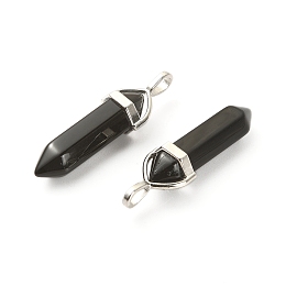 Honeyhandy 2Pcs Natural Obsidian Double Terminal Pointed Pendants, Faceted Bullet Charms, with Platinum Tone Random Alloy Pendant Hexagon Bead Cap Bails, 36~45x12mm, Hole: 3x5mm, Gemstone: 10mm in diameter