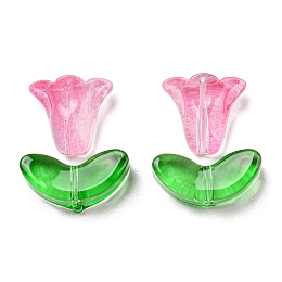 Honeyhandy Glass Beads, Morning Glory Flower & Leaf, Hot Pink, 10x10.5x5.5mm, Hole: 1mm, 6.5x14x4.5mm, Hole: 1mm, 20pcs/bag