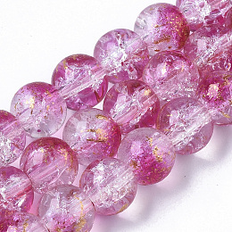 Honeyhandy Transparent Spray Painted Crackle Glass Bead Strands, with Golden Foil, Round, Camellia, 8~9mm, Hole: 1.2~1.5mm, about 46~56pcs/Strand, 14.37 inch~16.3 inch(36.5~41.4cm)