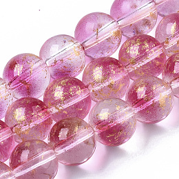 Arricraft Transparent Spray Painted Glass Bead Strands, with Golden Foil, Round, Camellia, 10~11mm, Hole: 1.4~1.6mm, about 39~42pcs/Strand, 14.84 inches~15.27 inches(37.7~38.8cm)