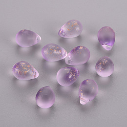 Honeyhandy Two Tone Transparent Spray Painted Glass Charms, with Gold Foil, Frosted, Teardrop, Plum, 14x10x10mm, Hole: 1mm