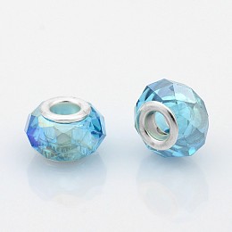 Honeyhandy AB Color Plated Glass European Beads, Large Hole Rondelle Beads, with Silver Color Plated Brass Cores, Faceted, Deep Sky Blue, 14x9mm, Hole: 5mm