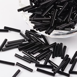 Honeyhandy Glass Bugle Beads, Black, about 2.5mm wide, 12~15mm long, hole: 0.5mm, about 3500pcs/one pound