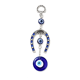 Honeyhandy Horse Shoe Pendant Decorations, Handmade Lampwork & Alloy Rhinestone & Resin Evil Eye Hanging Ornaments, Turkish Amulet Good Luck Charm, Antique Silver, 140mm, Hole: 13.5x9.5mm