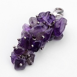 Honeyhandy Natural Chip Amethyst Pendant Decorations, with Brass Lobster Claw Clasps, Platinum, Purple, 53mm