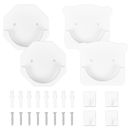 Olycraft 8Pcs ABS Hook Hanger, with Self Adhesive Sticker, with Iron Screws and Plastic Nut, Bear & Rectangle & Hexagon, White, 8x8x1.5cm, Hole: 4mm