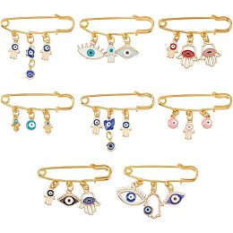 BENECREAT 8PCS 8 Styles Evil Eye Brooch, Enamel Evil Eye Safety Pin Brooch with Gold Coloured Alloy Hansa Hand, Butterfly and Slant Eye Pendant, for Backpack Clothing Badges, Mixed Colours