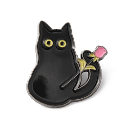 Honeyhandy Alloy Brooches, Enamel Pins, for Backpack Cloth, Cat with Rose, Black, 30.5x29x1.5mm