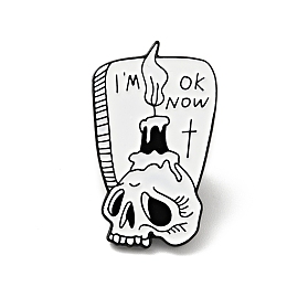 Honeyhandy Skull with Candle Halloween Enamel Pin, Word I'm Ok Now Alloy Badge for Backpack Clothes, Electrophoresis Black, White, 29x17.5x1.5mm