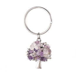 Honeyhandy Chip Natural Amethyst Keychain, with Antique Silver Plated Alloy Pendants and 316 Surgical Stainless Steel Split Key Rings, Tree, 55mm