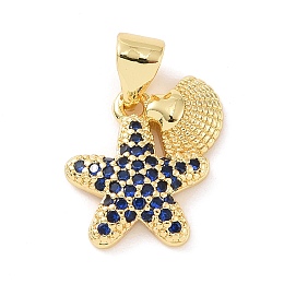 Honeyhandy Brass Micro Pave Cubic Zirconia Charms, Starfish with Shell Shape Charm, Real 18K Gold Plated, Medium Blue, 13.5x13x2.5mm, Hole: 3x4mm