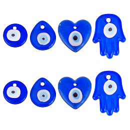 SUPERFINDINGS 8Pcs 4 Styles Evil Eye Charms Flat Round Evil Eye Lampwork Pendants 34~50x30~36mm Hamsa Hand Evil Eye Pendant for DIY Bracelets Necklace Jewelry Making, Hole: 3.5~4.8mm