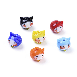 Honeyhandy Handmade Lampwork Kitten Beads, Cartoon Cat Head, Mixed Color, 13x14x13.4mm, Hole: 1.8mm