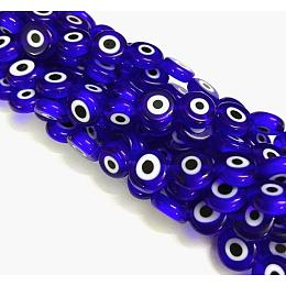 Honeyhandy Handmade Evil Eye Lampwork Flat Round Bead Strands, Blue, 10x4mm, Hole: 1mm, about 38pcs/strand, 14.96 inch