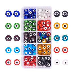 PandaHall Elite 10 Color 10x4mm Flat Round Evil Eye Lampwork Beads Handmade Beads Assortment Lot for Jewelry Making, about 200pcs/box