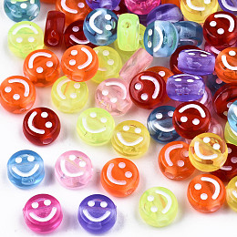 Arricraft Transparent Acrylic Beads, Flat Round with White Smiling Face, Mixed Color, 10x5mm, Hole: 2mm, about 1500pcs/500g
