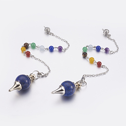 Honeyhandy Natural Lapis Lazuli Dowsing Pendulum Pendants, with Mixed Stone and Brass Findings, Chakra, Round, Platinum, 240~245mm