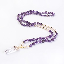 Honeyhandy Natural Amethyst and Natural Quartz Crystal Pendant Necklaces, with Pearl and Brass Findings, Bullet, 31.5 inch~32.3 inch(80~82cm), Pendant: 45~55x15x10mm