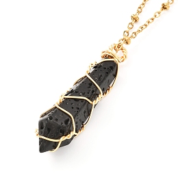 Honeyhandy Double Pointed Natural Lava Rock Pendant Necklace, Copper Wire Wrap Pendant and 304 Stainless Steel Findings Necklace, Golden, Bullet, 15.94 inch(40.5cm)