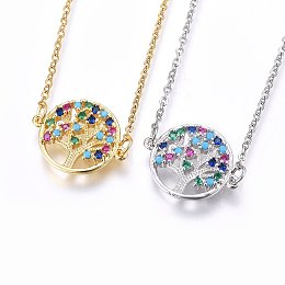 Honeyhandy 304 Stainless Steel Pendant Necklaces, with Cubic Zirconia, Colorful, Flat Round with Life Tree, Mixed Color, 17.71 inch(45cm)