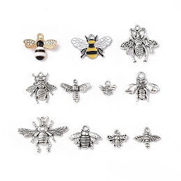 Tibetan Style Alloy Pendants, with Enamel & Rhinestone, Bees Charms, Antique Silver & Golden, 9.5~25.5x11~24.5x2.5~3mm, Hole: 1.8mm, 20pcs/set