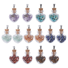 Heart Glass Bottle Pendants, with Natural & Synthetic Gemstone Chip inside, 32.5x22x13mm, Hole: 8x4mm, 14pcs/set