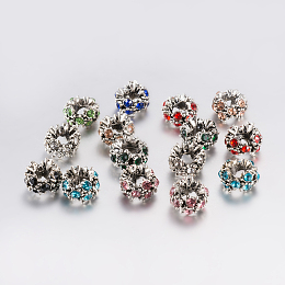 Honeyhandy Tibetan Style Alloy Rhinestone European Beads, Large Hole Beads, Flower, Antique Silver, Mixed Color, 12x8mm, Hole: 5mm