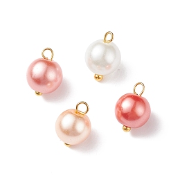 Honeyhandy Glass Pearl Pendants, with Golden Plated Brass Findings, Round, Light Salmon, 11x8.5mm, Hole: 2mm