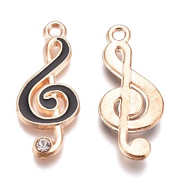 Honeyhandy Alloy Enamel Pendants, with Rhinestone, Musical Note, Golden, 22x9.5x2mm, Hole: 1.5mm