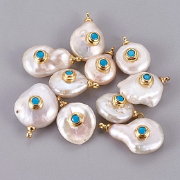 Honeyhandy Natural Cultured Freshwater Pearl Pendants, with Brass Micro Pave Cubic Zirconia Cabochons, Long-Lasting Plated, Real 18K Gold Plated, Deep Sky Blue, 16~22.5x10~14mm, Hole: 1.4mm