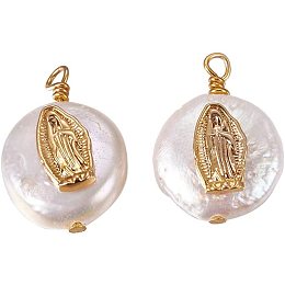 CHGCRAFT 10Pcs Natural Pearl Pendants Virgin Mary Shaped Charms with Cubic Zirconia and Brass Findings Flat Round Golden Tone Findings for DIY Jewelry Making