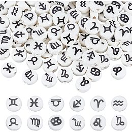 arricraft 120 Pcs Flat Round Ceramic Beads, 10mm Constellation Spacer Beads Zodiac Sign Loose Beads for Necklace Bracelet DIY Jewelry Crafts Making (White)