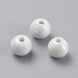 Honeyhandy Handmade Porcelain Beads, Pearlized, Round, White, 10mm, Hole: 2~3mm