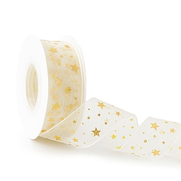 10 Yards Gold Stamping Star Chiffon Ribbons, Garment Accessories, Gift Packaging, Star, 1 inch(25mm)