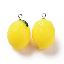 Honeyhandy Opaque Resin Fruit Pendants, Lemon Charms, with Platinum Tone Iron Loops, Yellow, 31x19.5x19mm, Hole: 2mm