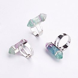 Honeyhandy Natural Fluorite Finger Rings, with Iron Ring Finding, Size 8, Platinum, 18mm