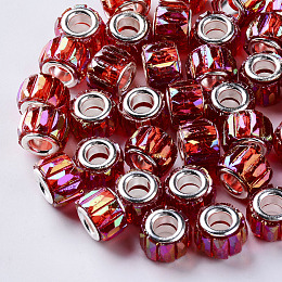 Honeyhandy Transparent Resin European Beads, Large Hole Beads, with Silver Color Plated Double Brass Cores, Faceted, AB Color Plated, Column, Red, 11.5x8mm, Hole: 5mm