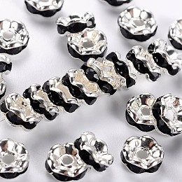 Honeyhandy Brass Rhinestone Spacer Beads, Grade A, Black Rhinestone, Silver Color Plated, Nickel Free, Size: about 6mm in diameter, 3mm thick, hole: 1mm