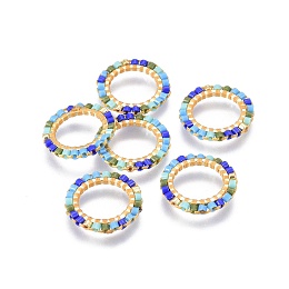 Honeyhandy MIYUKI & TOHO Handmade Japanese Seed Beads, with Brass Link Rings, Loom Pattern, Ring, Golden, Colorful, 15~16x1.8mm