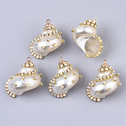 Honeyhandy Natural Conch Shell Pendants, with Brass Rhinestone Cup Chains and Iron Loops, Golden, Floral White, 28.5~31x25.5~27.5x16~17.5mm, Hole: 1.8mm