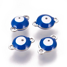 Honeyhandy 304 Stainless Steel Enamel Links connectors, Flat Round with Evil Eye, Stainless Steel Color, Marine Blue, 12x8x4mm, Hole: 1.4mm