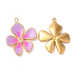 Honeyhandy 304 Stainless Steel Enamel Pendants, with Rhinestones, Real 18K Gold Plated, Flower Charm, Violet, 21.5x17x2.5mm, Hole: 1.5mm