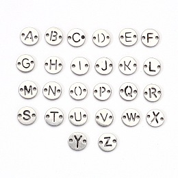 Honeyhandy 201 Stainless Steel Links, Laser Cut, Flat Round, Letter A~Z, 6x6x1mm, Hole: 0.8mm, about 26pcs/set