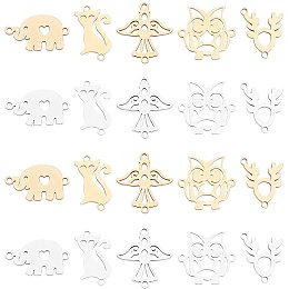 SUNNYCLUE 1 Box 20Pcs 5 Styles Animal Connector Charms Bulk Stainless Steel Cat Deer Eagel Hollow Connector Links with Double Loops for Jewelry Making Crafts Supplies, Golden Silver