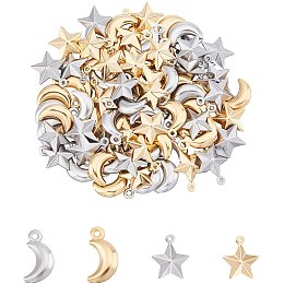 UNICRAFTALE About 80pcs Moon & Star Metal Charm Stainless Steel Charms 1mm Small Hole Golden & Stainless Steel Color Smooth Pendants for DIY Jewelry Making 15-16mm