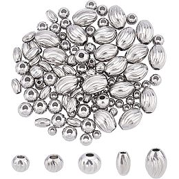 UNICRAFTALE About 100pcs 5 Sizes 3-8mm Oval & Round Spacer Beads Stainless Steel Loose Beads Corrugated Bead Findings for DIY Jewelry Making, Stainless Steel Color