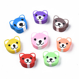 Honeyhandy Handmade Polymer Clay Beads, Bear, Mixed Color, 8~11x9~11x4mm, Hole: 1.5mm