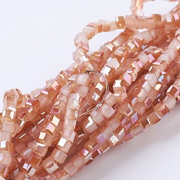 Honeyhandy Electroplate Glass Beads Strands, Imitation Jade, Half Rainbow Plated, Faceted, Cube, Orange, 2~2.5x2~2.5x2~2.5mm, Hole: 0.5mm, about 195~200pcs/strand, 16.9~17.5 inch(43~44.5cm)